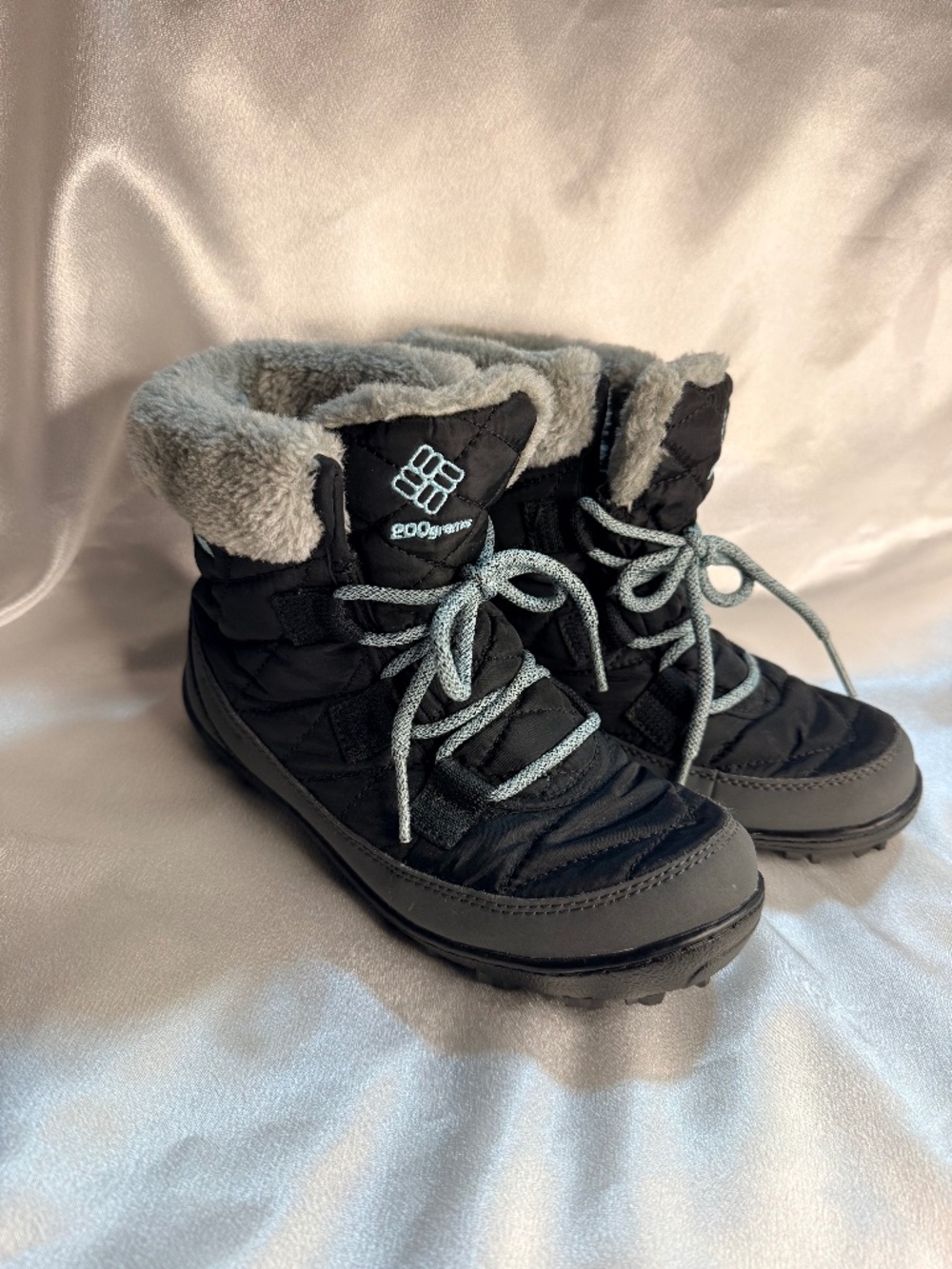 Columbia Kids Youth Winter Snow Boots Size 3 Black Gray Faux Fur Lined
